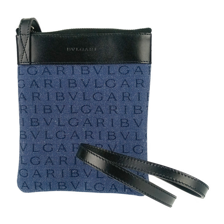 新古未使用展示品 BVLGARI ブルガリ ショルダーバッグ ロゴマニア フラットポーチ 21528 デニムブルー ブラック シルバー金具 キャンバス カーフレザー レディース ポシェット サコッシュ