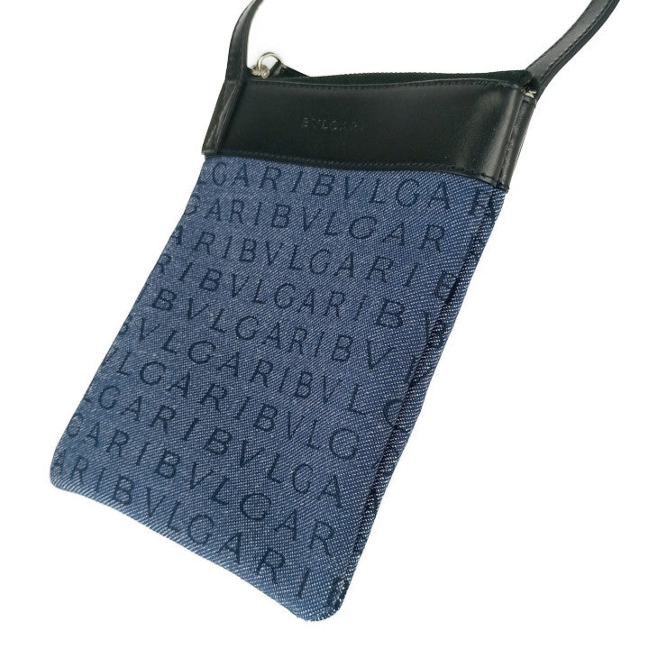 新古未使用展示品 BVLGARI ブルガリ ショルダーバッグ ロゴマニア フラットポーチ 21528 デニムブルー ブラック シルバー金具 キャンバス カーフレザー レディース ポシェット サコッシュ