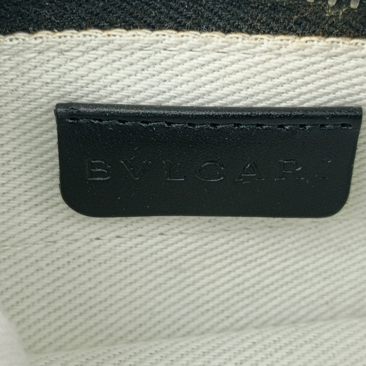 新古未使用展示品 BVLGARI ブルガリ ショルダーバッグ ロゴマニア フラットポーチ 21528 デニムブルー ブラック シルバー金具 キャンバス カーフレザー レディース ポシェット サコッシュ