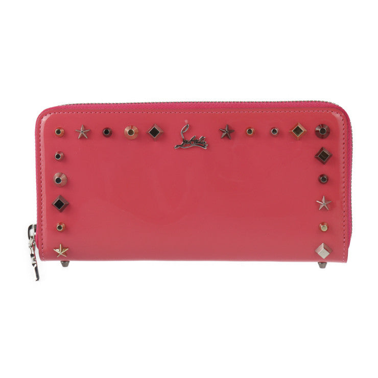 超美品 Christian Louboutin クリスチャンルブタン PANETTONE パネトーネ 長財布 3175067 パテントレザー ピンク系 ラウンドファスナー エナメル スタッズ