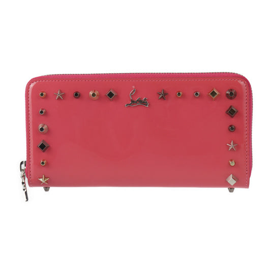 超美品 Christian Louboutin クリスチャンルブタン PANETTONE パネトーネ 長財布 3175067 パテントレザー ピンク系 ラウンドファスナー エナメル スタッズ