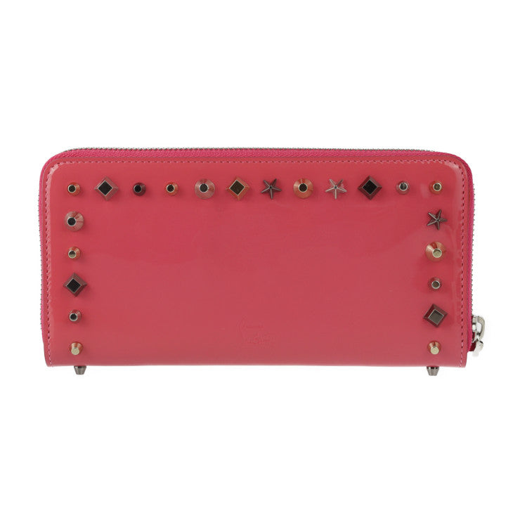 超美品 Christian Louboutin クリスチャンルブタン PANETTONE パネトーネ 長財布 3175067 パテントレザー ピンク系 ラウンドファスナー エナメル スタッズ