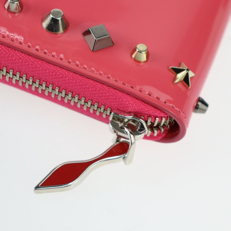 超美品 Christian Louboutin クリスチャンルブタン PANETTONE パネトーネ 長財布 3175067 パテントレザー ピンク系 ラウンドファスナー エナメル スタッズ