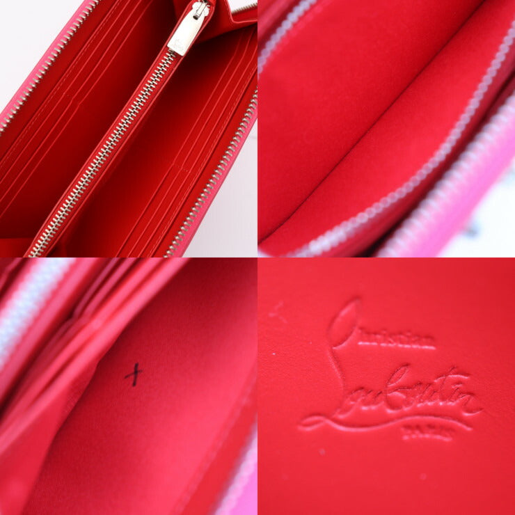 超美品 Christian Louboutin クリスチャンルブタン PANETTONE パネトーネ 長財布 3175067 パテントレザー ピンク系 ラウンドファスナー エナメル スタッズ
