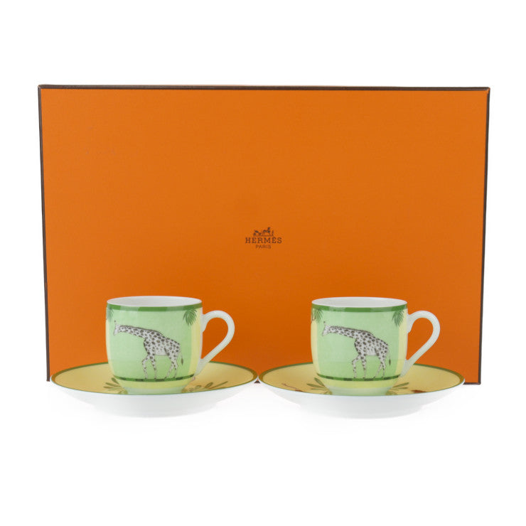 新品未使用展示品 HERMES エルメス アフリカ デミタスカップ＆ソーサー 食器 - 磁器 ポーセリン グリーン系 2客 セット ペア キリン アニマル