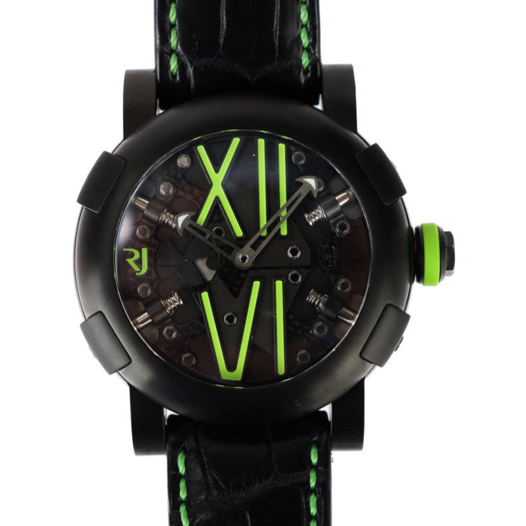 超美品 ROMAIN JEROME ロマン ジェローム Titanic DNA Steampunk タイタニック DNA スティームパンク 腕時計 RJ.T.AU.SP.005.03 ステンレススチール チタン クロコ型押しレザー × ラバー ブラック グリーン系 自動巻き 世界99本限定