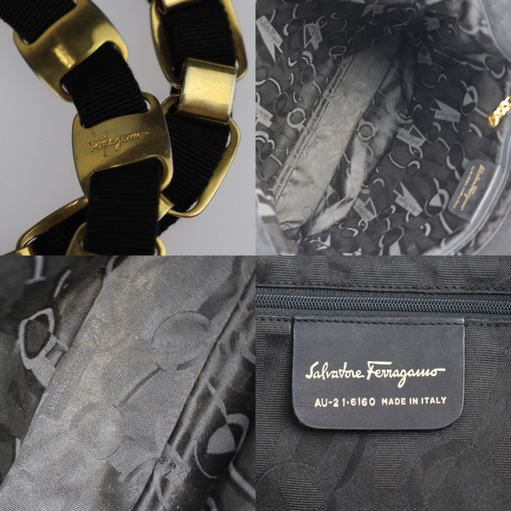 Salvatore Ferragamo サルヴァトーレ フェラガモ ヴァラ トートバッグ 21 6160 キャンバス レザー ブラック ゴールド金具 ショルダーバッグ