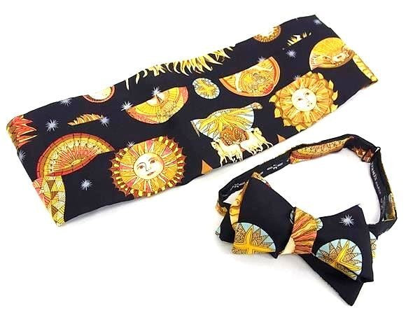HERMES エルメス フォーマルセット LE ROY SOLEIL 太陽王 カマーバンド 蝶ネクタイ 2点セット ブラック系×イエロー系 マルチカラー シルク100% メンズ 美品