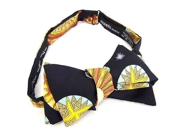 HERMES エルメス フォーマルセット LE ROY SOLEIL 太陽王 カマーバンド 蝶ネクタイ 2点セット ブラック系×イエロー系 マルチカラー シルク100% メンズ 美品