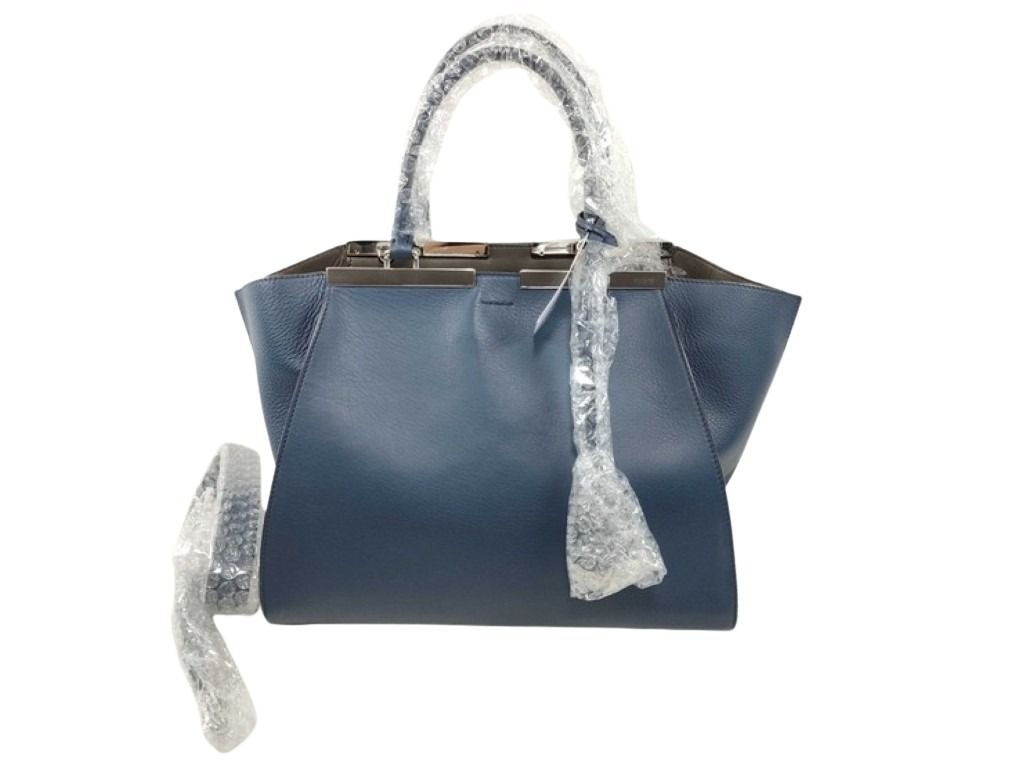 FENDI フェンディ ハンドバッグ トロワジュール 8BH279 ブルー系 レザー レディース 2WAY シルバー金具 美品