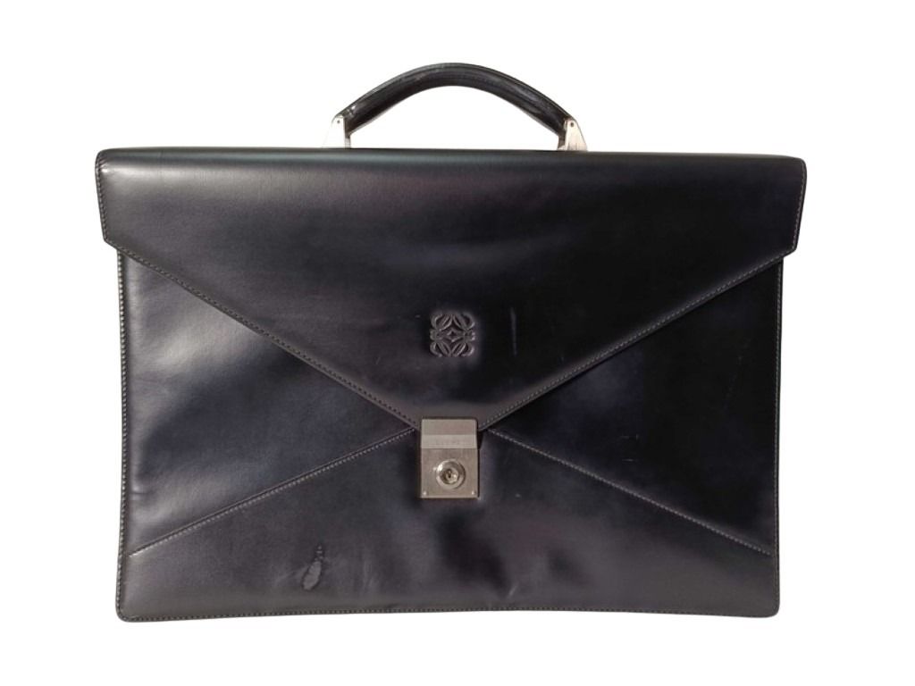 LOEWE ロエベ ビジネスバッグ ディプロマティコ アナグラム ブラック系 レザー メンズ ブリーフケース シルバー金具 美品