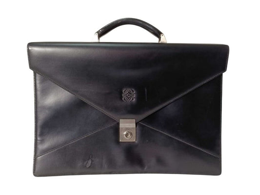 LOEWE ロエベ ビジネスバッグ ディプロマティコ アナグラム ブラック系 レザー メンズ ブリーフケース シルバー金具 美品