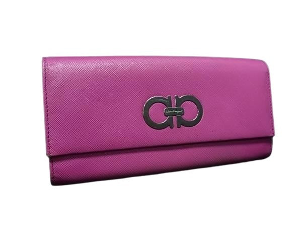 Salvatore Ferragamo サルヴァトーレ フェラガモ 財布 ダブルガンチーニ JP-22 7121 ピンク レザー レディース 二つ折り 長財布 シルバー金具