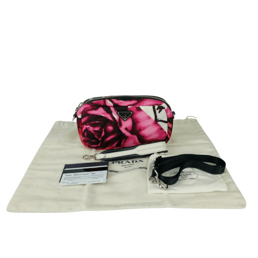 PRADA プラダ ショルダーバッグ 2WAY クロスボディバッグ 1DH046 ピンク ナイロン レディース リストレット ポーチ シルバー金具 三角ロゴプレート 花柄 超美品