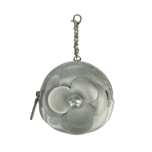 CHANEL シャネル コインケース カメリア ジップ コインパース AP2125 シルバー ラムスキン レディース 小銭入れ マトラッセ キルティング 美品