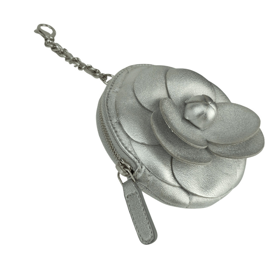 CHANEL シャネル コインケース カメリア ジップ コインパース AP2125 シルバー ラムスキン レディース 小銭入れ マトラッセ キルティング 美品