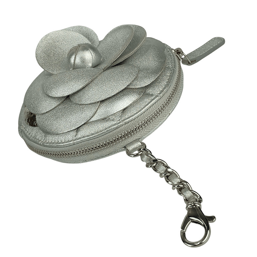 CHANEL シャネル コインケース カメリア ジップ コインパース AP2125 シルバー ラムスキン レディース 小銭入れ マトラッセ キルティング 美品