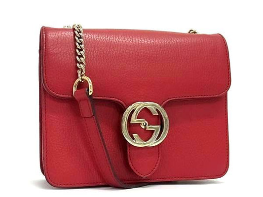 GUCCI グッチ バッグ インターロッキングG チェーン ショルダーバッグ 510304 レッド系 レザー レディース ゴールド金具 美品