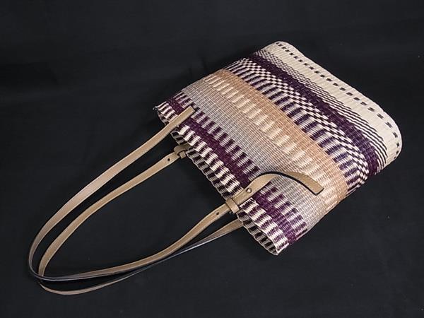 LOEWE ロエベ ハンドバッグ スクエアバスケット ベージュ系×パープル系 ラフィア×レザー レディース アナグラム