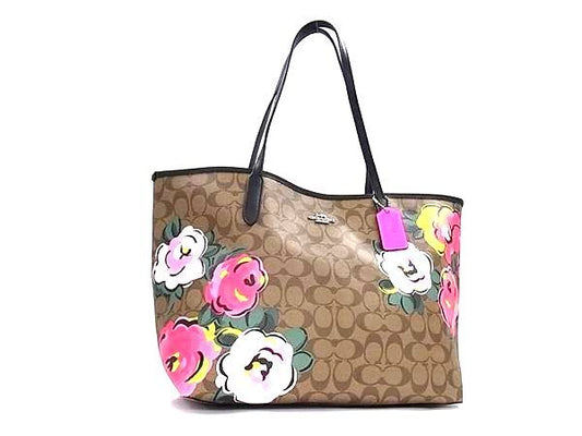 COACH コーチ トートバッグ シグネチャー C5785 ブラウン マルチカラー PVC レザー レディース フラワー 花柄 美品