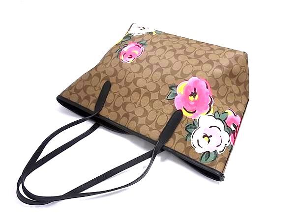 COACH コーチ トートバッグ シグネチャー C5785 ブラウン マルチカラー PVC レザー レディース フラワー 花柄 美品