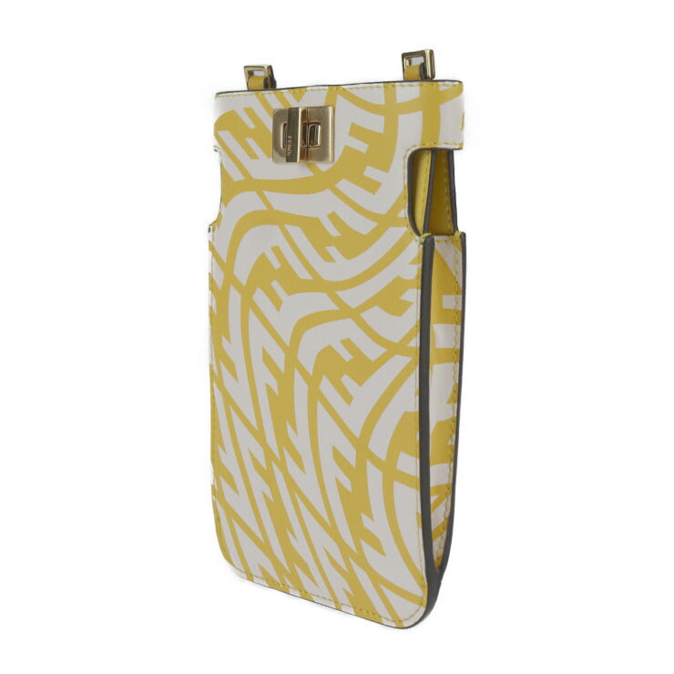 超美品 FENDI フェンディ ピーカフォン ピーカブー ショルダーバッグ 8M0442 カーフレザー イエロー系 ゴールド金具 ズッカ柄 スマホポーチ スマホケース ストラップ ターンロック