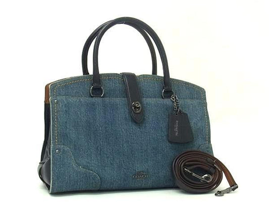 COACH コーチ ハンドバッグ 37786 ブルー系×ネイビー系 デニム×レザー レディース ターンロック 2WAY