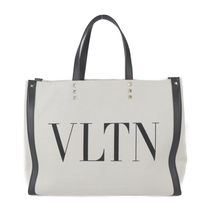 超美品 Valentino Garavani ヴァレンティノ ガラヴァーニ VLTN ロックスタッズ トートバッグ TW2B0D21FWB キャンバス レザー ナチュラル ブラック ゴールド金具 ショッピングバッグ