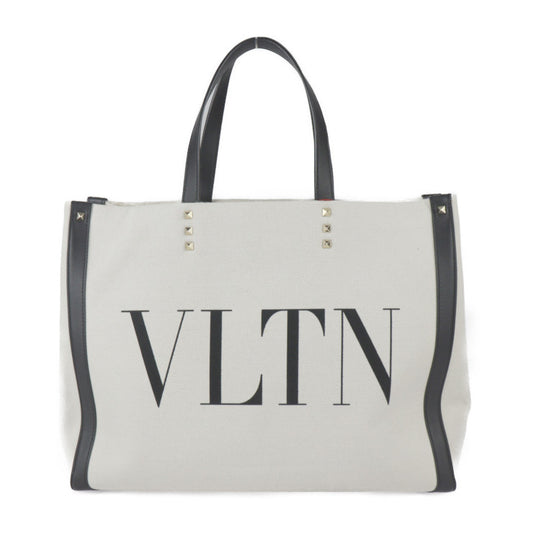 超美品 Valentino Garavani ヴァレンティノ ガラヴァーニ VLTN ロックスタッズ トートバッグ TW2B0D21FWB キャンバス レザー ナチュラル ブラック ゴールド金具 ショッピングバッグ