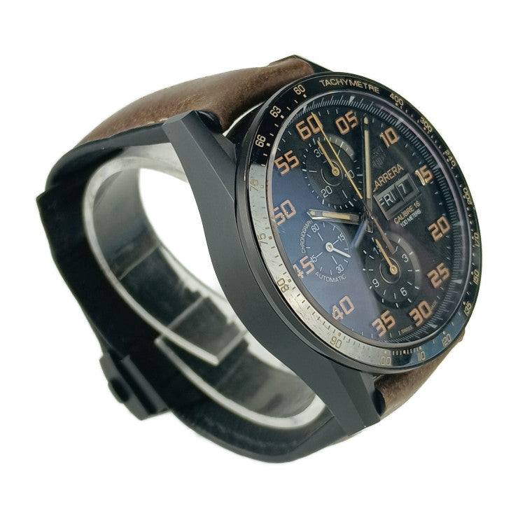 美品 TAG Heuer タグ ホイヤー 腕時計 カレラ キャリバー16 デイデイト クロノグラフ CV2A84 ブラック ブラック文字盤 ブラウン チタン セラミック レザー メンズ 裏スケ