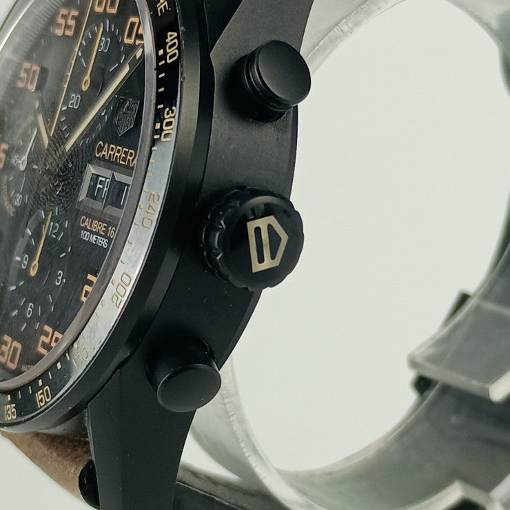 美品 TAG Heuer タグ ホイヤー 腕時計 カレラ キャリバー16 デイデイト クロノグラフ CV2A84 ブラック ブラック文字盤 ブラウン チタン セラミック レザー メンズ 裏スケ
