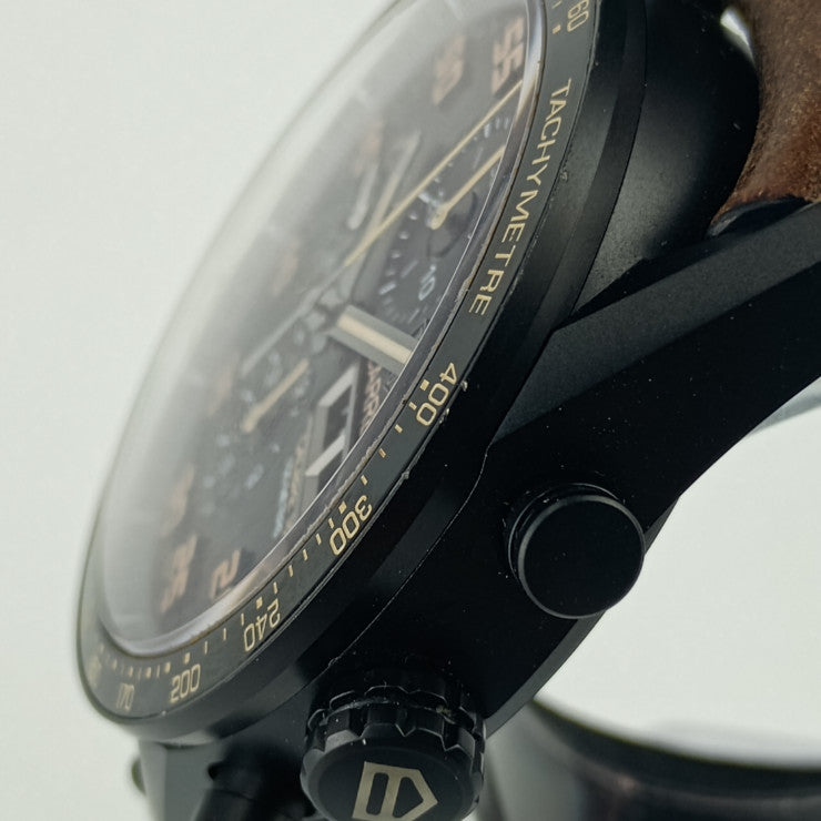 美品 TAG Heuer タグ ホイヤー 腕時計 カレラ キャリバー16 デイデイト クロノグラフ CV2A84 ブラック ブラック文字盤 ブラウン チタン セラミック レザー メンズ 裏スケ