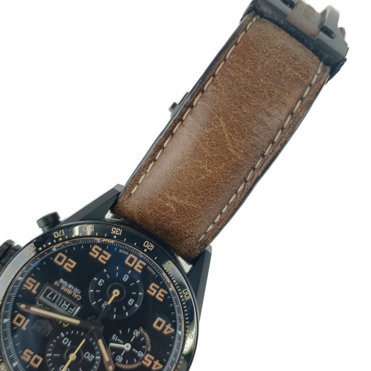 美品 TAG Heuer タグ ホイヤー 腕時計 カレラ キャリバー16 デイデイト クロノグラフ CV2A84 ブラック ブラック文字盤 ブラウン チタン セラミック レザー メンズ 裏スケ