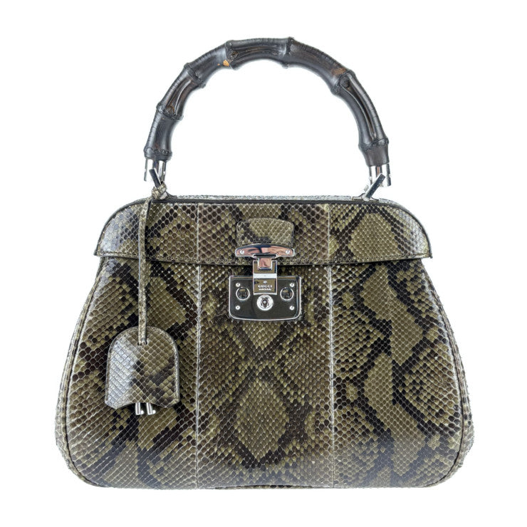 美品 GUCCI グッチ ハンドバッグ バンブー レディロック 331830 グリーン系 シルバー金具 パイソン レディース トップハンドル 手提げかばん