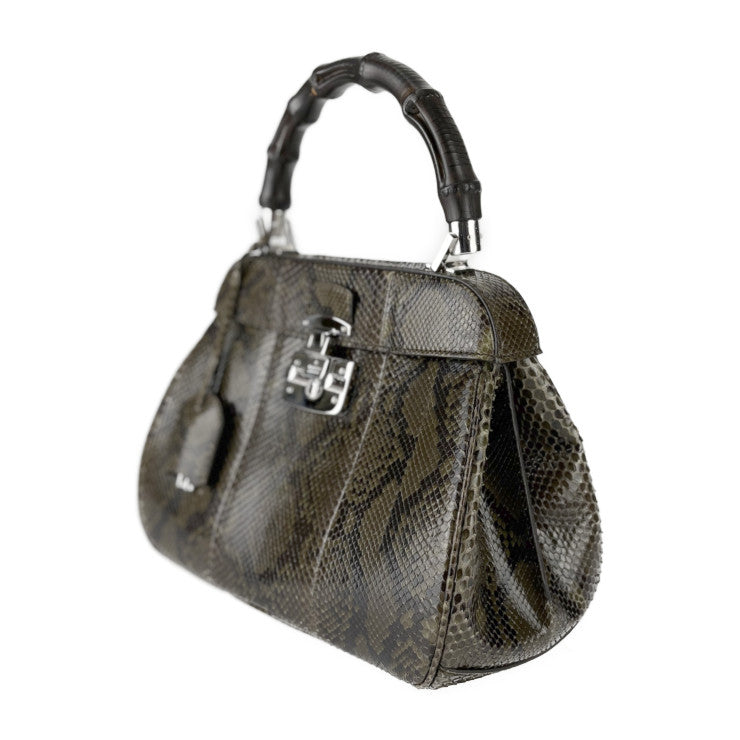 美品 GUCCI グッチ ハンドバッグ バンブー レディロック 331830 グリーン系 シルバー金具 パイソン レディース トップハンドル 手提げかばん