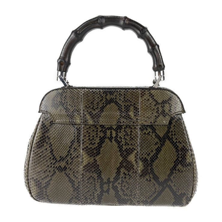美品 GUCCI グッチ ハンドバッグ バンブー レディロック 331830 グリーン系 シルバー金具 パイソン レディース トップハンドル 手提げかばん