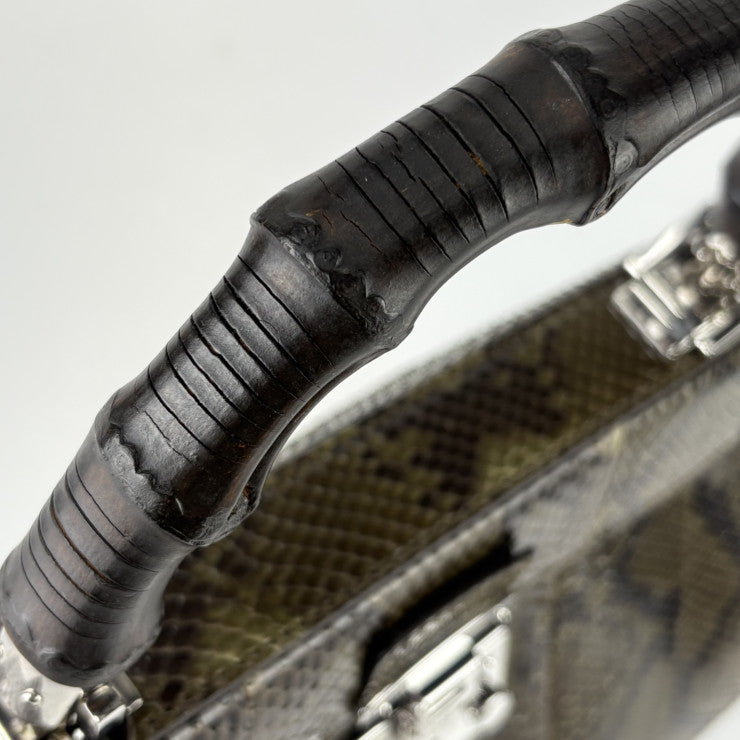 美品 GUCCI グッチ ハンドバッグ バンブー レディロック 331830 グリーン系 シルバー金具 パイソン レディース トップハンドル 手提げかばん