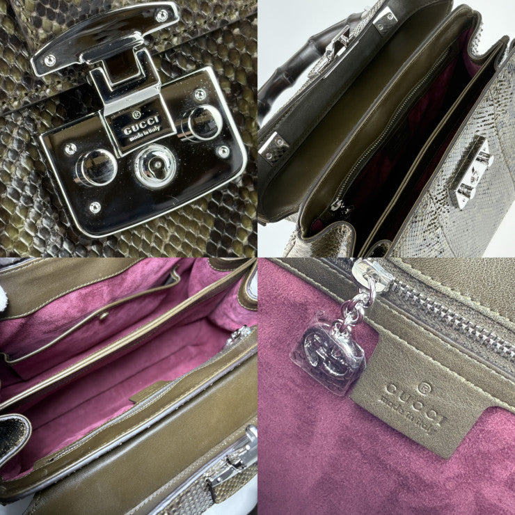 美品 GUCCI グッチ ハンドバッグ バンブー レディロック 331830 グリーン系 シルバー金具 パイソン レディース トップハンドル 手提げかばん