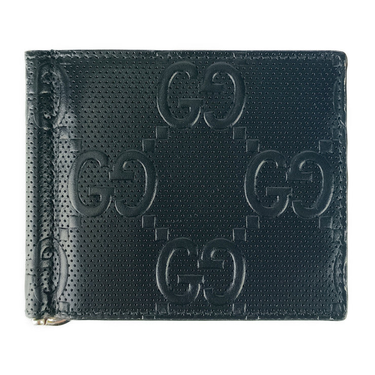 美品 GUCCI グッチ 二つ折り財布 GGエンボス マネークリップ 676656 ブラック レザー メンズ 札入れ