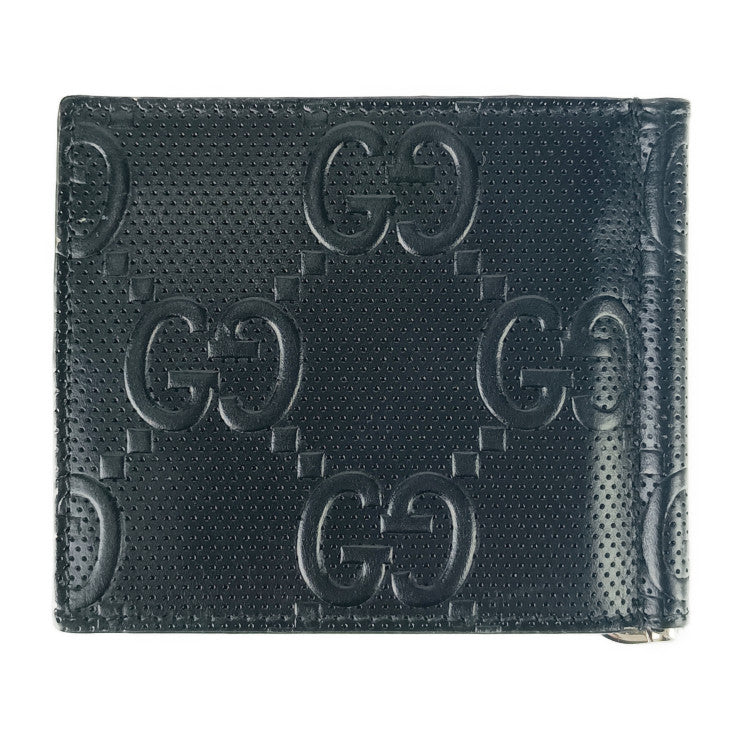美品 GUCCI グッチ 二つ折り財布 GGエンボス マネークリップ 676656 ブラック レザー メンズ 札入れ