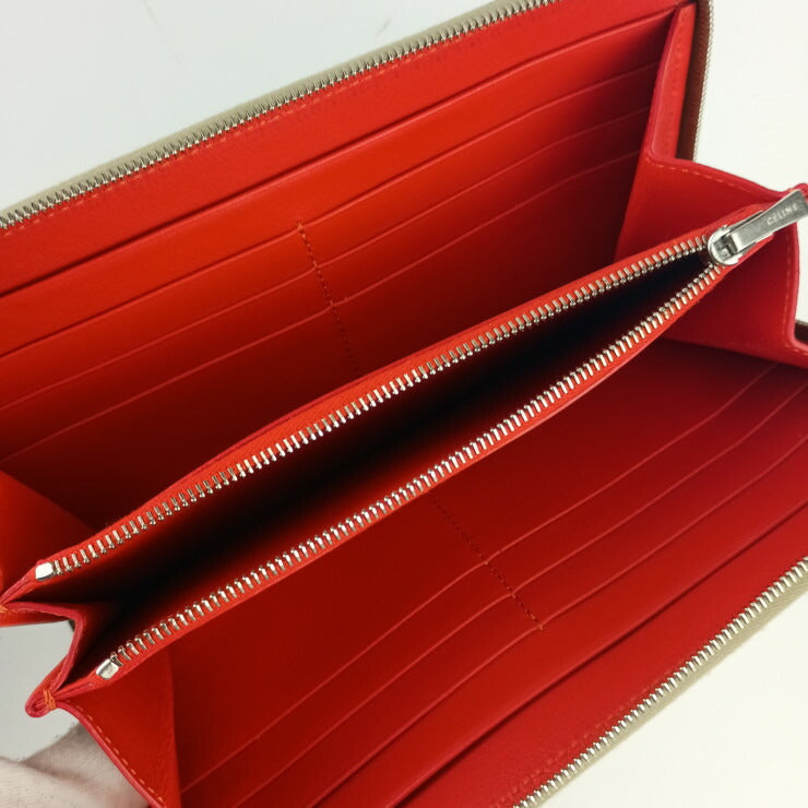 超美品 CELINE セリーヌ 長財布 ラージ ジップドウォレット - ベージュ系 オレンジレッド系 シルバー金具 レザー レディース バイカラー ラウンドファスナー