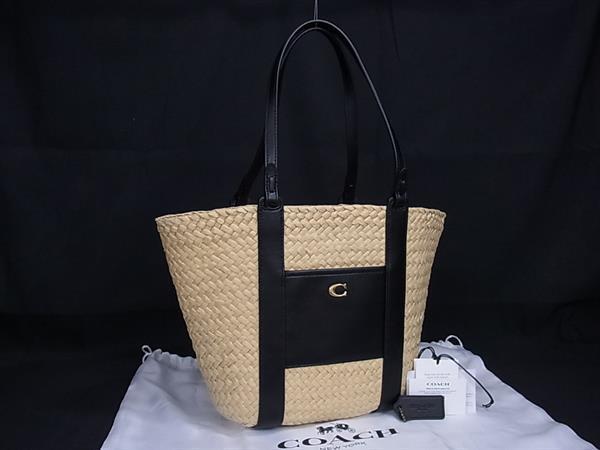 新品未使用展示品 COACH コーチ ハンドバッグ CQ788 ナチュラル ストロー、リファインドカーフレザー かごバッグ