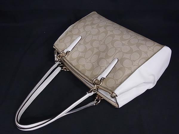 美品 COACH コーチ トートバッグ スモールクリスティーキャリオール F58291 ベージュ系×アイボリー系 PVC×レザー レディース シグネチャー クロスボディ 2WAY
