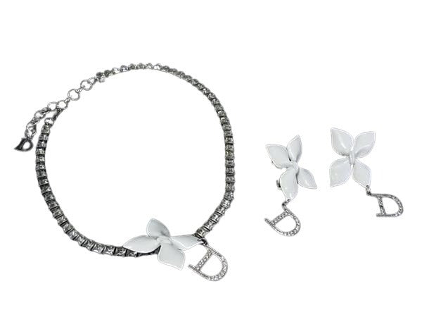 DIOR ディオール イヤリング チョーカー - - シルバー ホワイト メタル レディース フラワー 2点セット