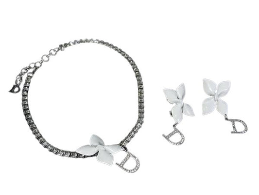 DIOR ディオール イヤリング チョーカー - - シルバー ホワイト メタル レディース フラワー 2点セット