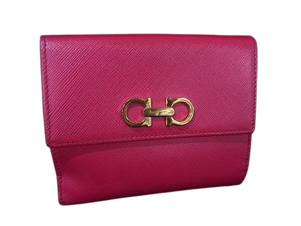 Salvatore Ferragamo フェラガモ 財布 ダブルガンチーニ JP-22-B852 ピンク レザー レディース 二つ折り財布 ゴールド金具