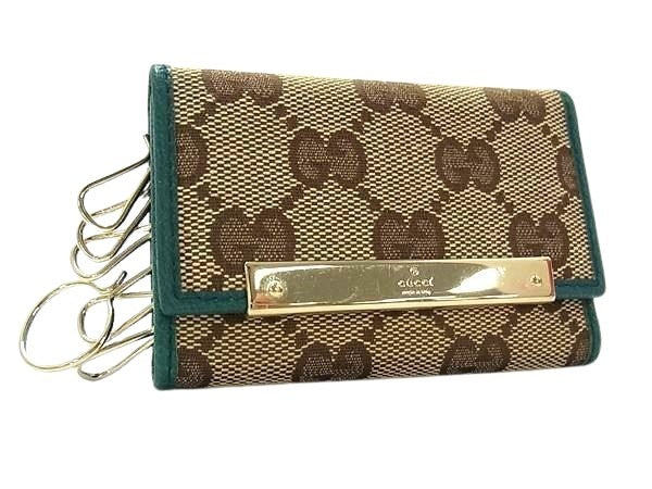 GUCCI グッチ キーケース GGキャンバス 127048 ベージュ ブラウン グリーン系 キャンバス レザー ユニセックス ゴールド金具 美品