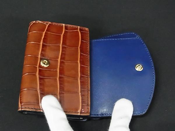 Chloe クロエ 財布 CHLOE C CHC19WP058C0126K グレー ネイビー ブラウン クロコダイル型押しレザー レディース 三つ折り財布 ゴールド金具 美品