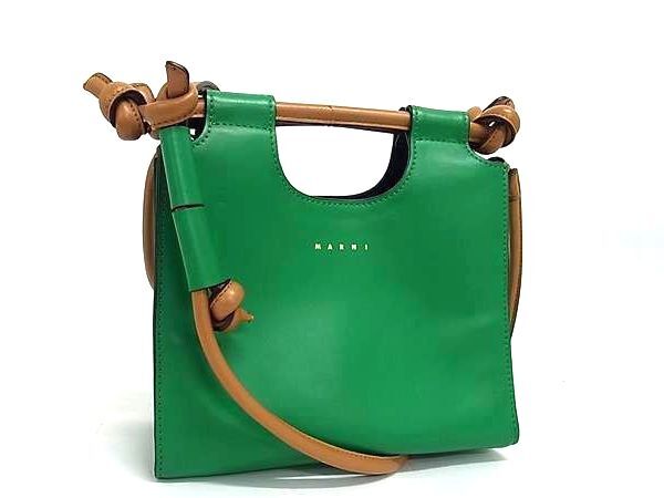 MARNI マルニ ハンドバッグ マルセル ノット BMMP0055Q0 グリーン系×ブラウン系×ブルー系 レザー レディース 2WAY ショルダーバッグ ゴールド金具 美品