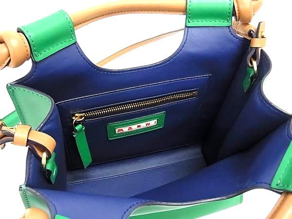 MARNI マルニ ハンドバッグ マルセル ノット BMMP0055Q0 グリーン系×ブラウン系×ブルー系 レザー レディース 2WAY ショルダーバッグ ゴールド金具 美品